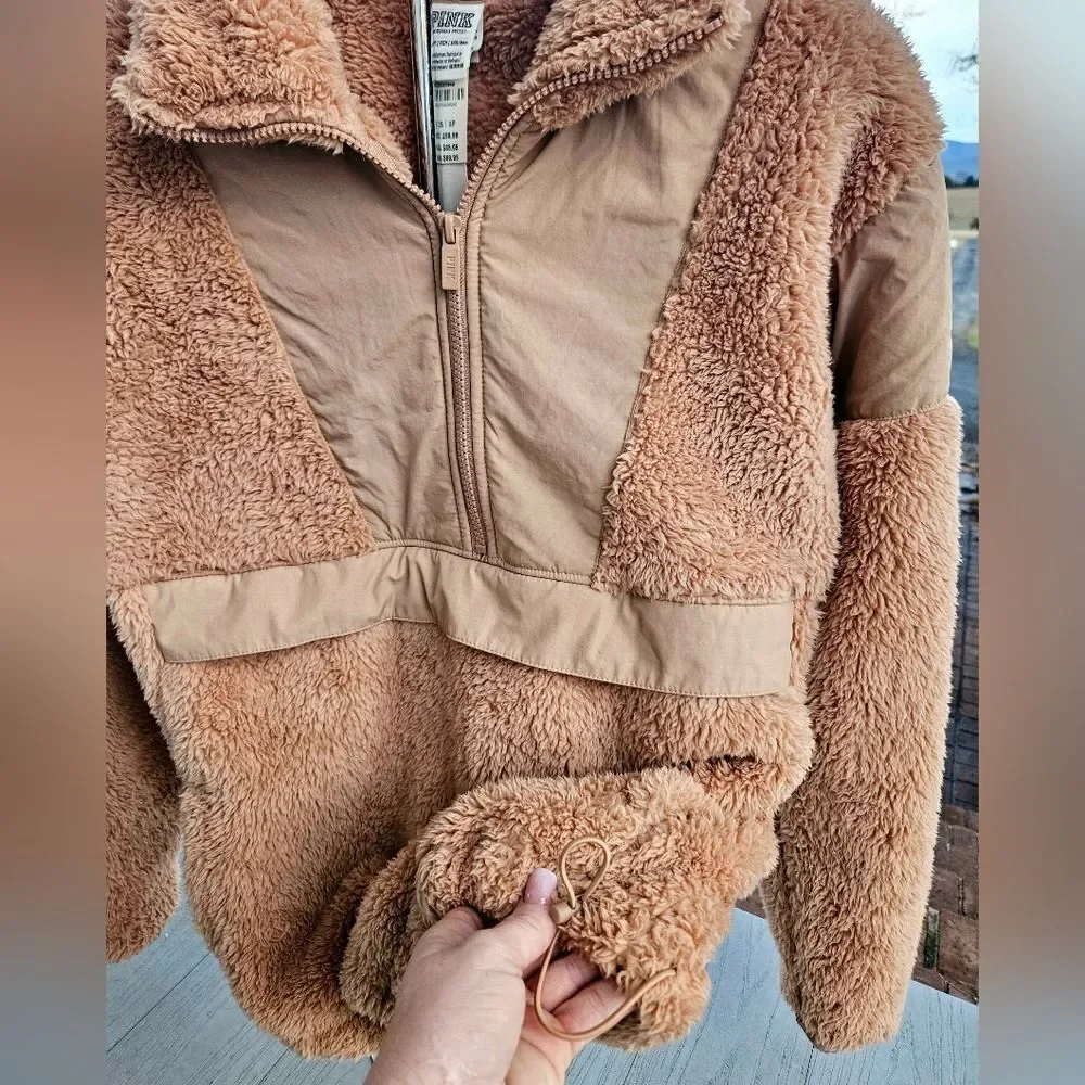 Victoria's Secret PINK COZY HALF ZIP TEDDY PULLOVER SHERPA TAN NEW MSRP $69.95